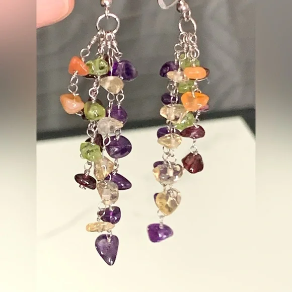 Pretty 925 Sterling Silver Multi Color Gemstone Dangling Earrings - Picture 8 of 12